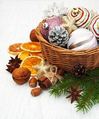 basket with christmas baubles