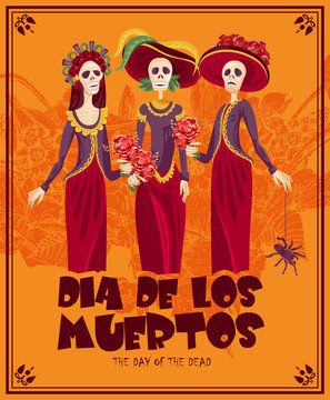 Day of the dead skull. Woman with calavera makeup. Dia de los muertos Text in Spanish.