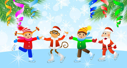 Cheerful children, the grandfather a frost and the monkey on ska