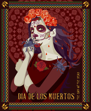 Day of the dead skull. Woman with calavera makeup. Dia de los muertos Text in Spanish.