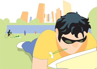 Book Reader, picnic in the park. Vector