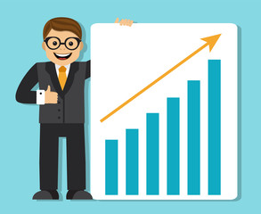 successful happy businessman showing a poster and a schedule with growing income and the up arrow