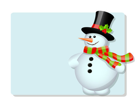 Snowman in a hat decorated with berries and scarf and blue poster
