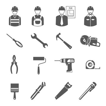 Construction workers tools black icons set 