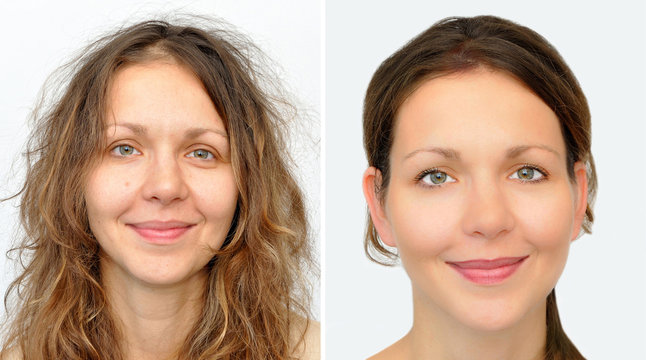 Beautiful woman before and after applying make-up and hairstyling