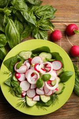 Fresh vegetable salad on table close up