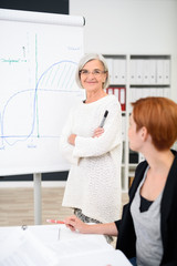 Fototapeta premium ältere lächelnde geschäftsfrau erklärt etwas am flipchart