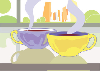 Teacups cool on the windowsill. Vector