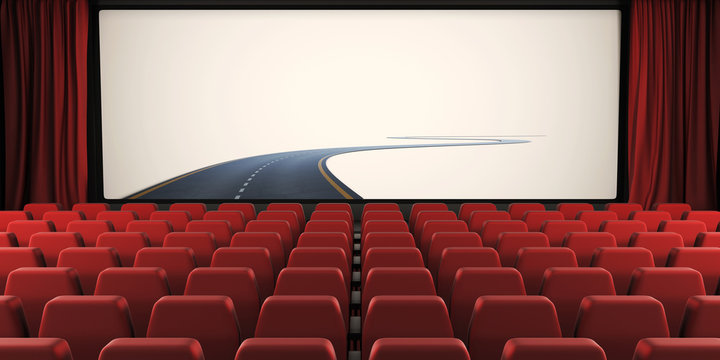 Open curtain and screen of the cinema with a road to nowhere. 3d