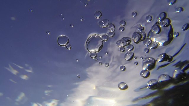 Underwater shot of air bubbles rising to the water surface