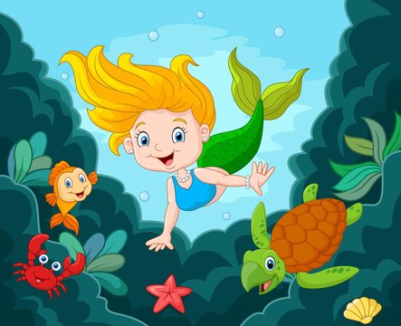Little Mermaid with sea animals 
