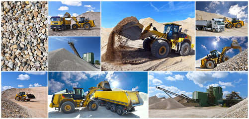 Radlader und LKW in einem Kieswerk - abbau von Sand und Kies für die Bauindustrie