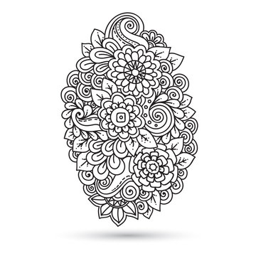 Ethnic Floral Zentangle, Black, White Background Pattern.