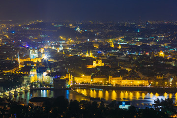 Night panorama of Prague, Czech Republic. Castle, Charles Bridge