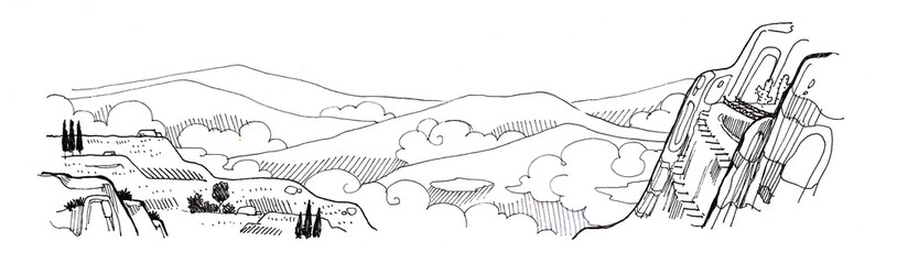 landscape fantasy drawing of mountain scape cloud and tree