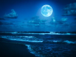 Crédence de cuisine en verre imprimé Eau Plage à minuit avec une pleine lune