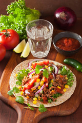 mexican taco with beef tomato salsa onion corn