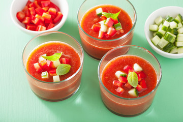 cold gazpacho soup in glasses and ingredients