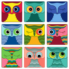 Nine amusing owl faces in square shapes