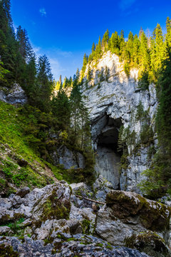 Cetatile cave sculpted by river in romanian mountains