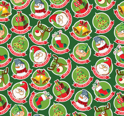 Seamless pattern with funny Christmas cartoon stickers
