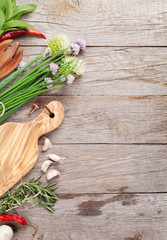 Fresh herbs and spices on garden table