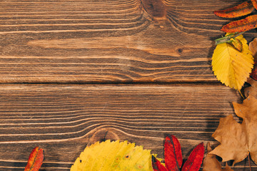 Background with wooden table and autumnal leaves