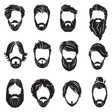 monochrome collection of twelve face with beards and hairs