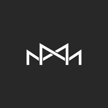 M logo monogram, two or three overlapping thin line letters, black and white mockup wedding invitation emblem