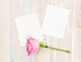 Two blank photo frames and pink rose