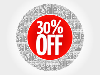 30% OFF stamp vector words cloud, business concept background