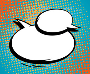 Pop-art speech bubbles against dotted backdrop.