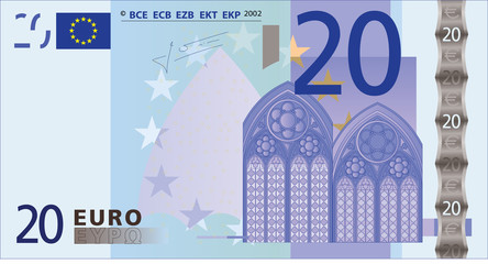 A detailed vector drawing of a 20 euros banknote