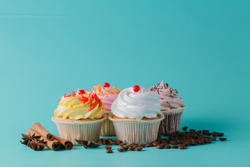colorful pink cupcake on aquamarine background
