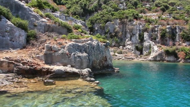 Simena - flooded ancient Lycian city.Kekova island.Ruins of antique architecture