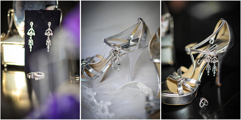 High heels wedding shoes. Rings, earrings and wedding accessories