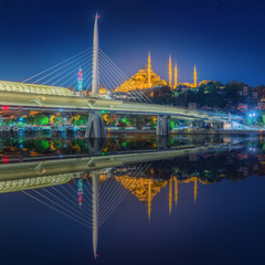 Ataturk bridge, metro bridge at night Istanbul