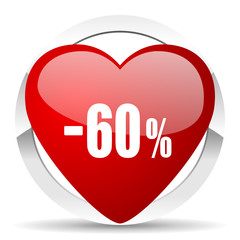 60 percent sale retail red heart valentine icon on white background