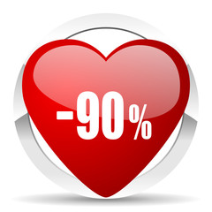 90 percent sale retail red heart valentine icon on white background