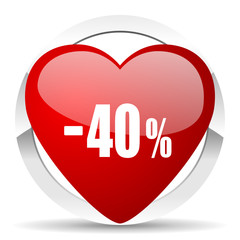 40 percent sale retail red heart valentine icon on white background