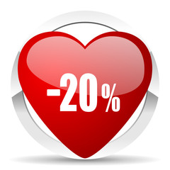 20 percent sale retail red heart valentine icon on white background