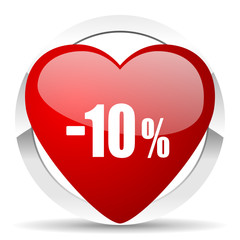 10 percent sale retail red heart valentine icon on white background