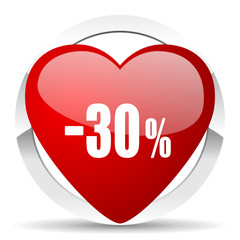 30 percent sale retail red heart valentine icon on white background