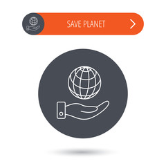 Save planet icon. Hand with globe sign.