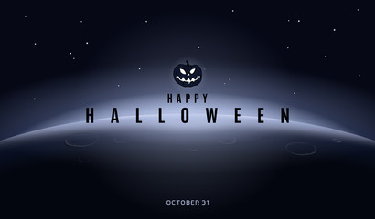 Vector Halloween template with evil pumpkin and night landscape, The Earth and stars in the background for banner or poster. Empty space leaves room for design elements, custom signs or text. 