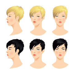 Vector set of beautiful woman face. Various color of short haircuts. Various turns head. Face in front. Face in profile. Blond hair, black hair