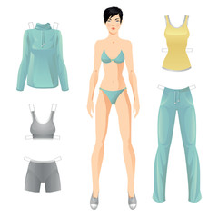 Doll with clothes. Body template. Clothes for women. Set of template paper clothes for sport