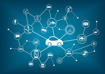 Connected car vector illustration. Concept of connecting to vehicles with various devices.
