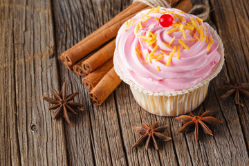 Colored cupcake on rustic background