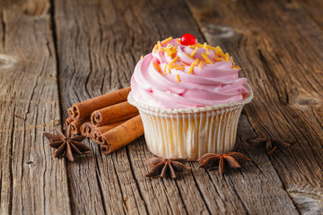 Colored cupcake on rustic background